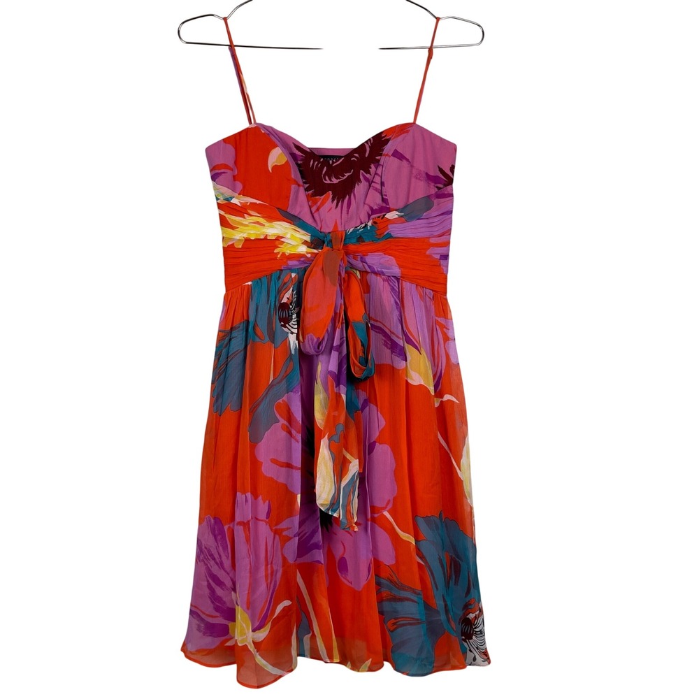 Vintage Y2K Silk Coast Floral Print‎ Sweetheart Mini Dress Tie Front Whimsy 8